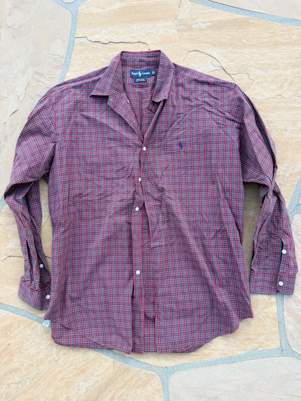 Ralph Lauren Marlowe 100% Cotton Blue And Red Button Down Dress Shirt Sz Large